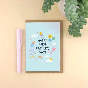 Fijne eerste vaderdag! A6 wenskaart / nieuwe vader / geïllustreerd / modern / papa / eigentijds / nieuwe ouder / 1e keer vader / schattig lief