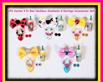 Lote de 4 accesorios personalizados de Littlest Pet Shop LPS: 1 lazo, 1 collar, 1 frappuccino de café, 1 par de pendientes + bolsa de regalo.