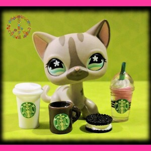 Littlest Pet Shop LPS 4 Pc Custom Coffees & Treat Accessories Set Lot ~ Frappuccino Mug Tall Drink Treat + Earrings and Gift Bag!