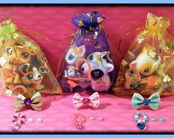 Littlest Pet Shop 7Pc Vintage LPS 3 Pets & 4 Custom Accessories Grab Blind Bag Lot ~1 Dog or Cat~ Bow Necklace Starbucks Earrings +Gift Bag