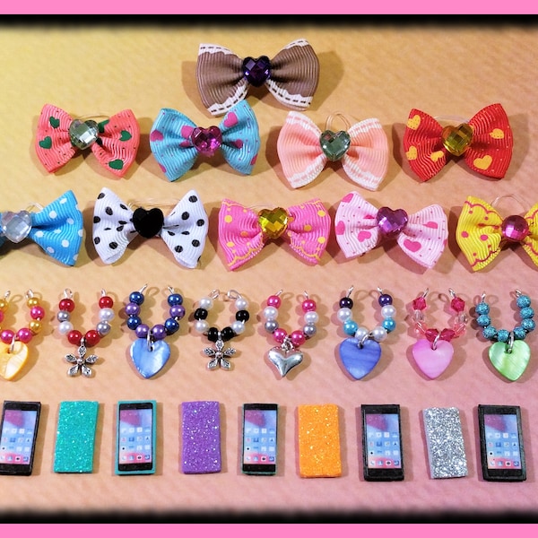 Littlest Pet Shop LPS Custom Accessories 8 Pc (2x 4 Pc Set) Lot - 2 Bows 2 Collars/Necklaces 2 Glitter Phones 2 Pairs of Earrings +Gift Bag!
