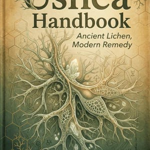 Puede incluir: Portada del libro The Usnea Handbook. La portada presenta una ilustración detallada de una estructura similar a una raíz en tonos verdes y beige, con el título en letras grandes y estilizadas. El subtítulo dice "Ancient Lichen, Modern Remedy".