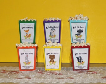 12 Personalized Animals Birthday Mini Popcorn Favor Boxes - Animals Party Treat Goody Box Loot Favors - Animals Birthday Theme -Popcorn box