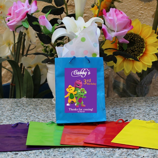 Personalized Barney & Friends birthday favor bags with tags - Barney favor tags - Barney favor bags set of 12 .