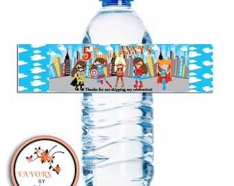 Personalized Birthday water bottle labels - Super Heros Water Bottle Label-  Super Heros Girls Bottle Wrappers-Birthday labels.