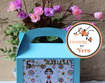 Personalized Super Girls birthday favor box with stickers -  Super Girls favor stickers - Super Girls favor boxes.