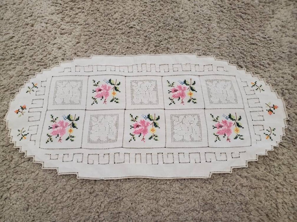 Vintage Cross Stitch Pink Rose Table Runner Placemat 21x10inch | Etsy