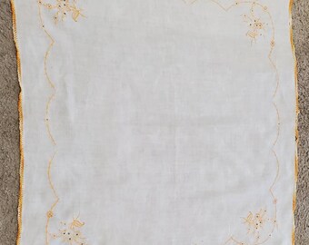 Vintage linen embroidered yellow flowers tablecloth 32x34