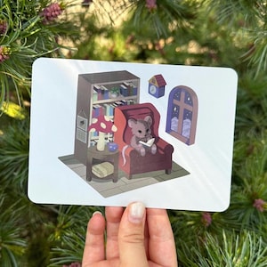 Souris lisant une impression d'art A6 Illustration | Jolie carte d'anniversaire ou de voeux livresque pour les lecteurs