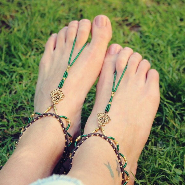 Barefoot sandals - toe sandals - green/gold - adjustable size EU / DE 37 - 40