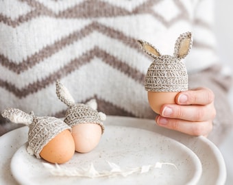 Easter eggs bunnies hats. Breakfast table natural linen decorations. Set of 3 - 5 eggs warmers. Spring natural scandinavian bright decor.