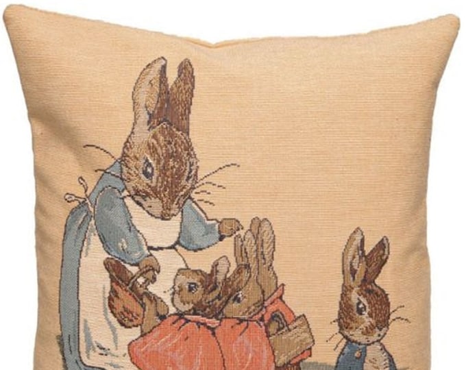 BEATRIX POTTER Mrs Rabbit & Peter BELGIAN Belgium Jacquard Woven Hand Finished 33cm 13" Tapestry Pillow Cushion Cover, Velvet Reverse, Zip