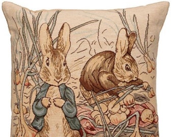 BEATRIX POTTER Peter Rabbit & Benjamin Bunny BELGIAN Jacquard Woven Hand Finished 33cm 13" Tapestry Pillow Cushion Cover Velvet Reverse, Zip