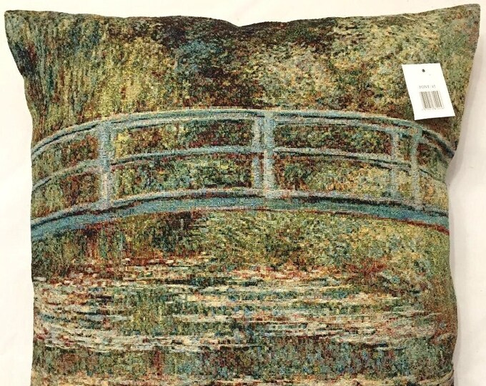 Claude MONET Japanese Bridge Giverny French Jacquard WOVEN Hand Finished 43cm, 17" Double Sided TAPESTRY Pillow Cushion Cover With Zip