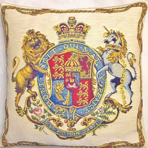 Stemma reale del Regno Unito e di Hannover del XIX secolo, federa per cuscino in tessuto jacquard belga, rifinita a mano, 46 cm x 46 cm, 18" x 18"