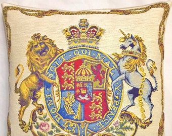 19th Century Royal Coat of Arms of UK & Hanover, BELGIAN Jacquard WOVEN Hand Finished Tapestry Pillow Cushion Cover, 46cm x 46cm, 18" x 18"