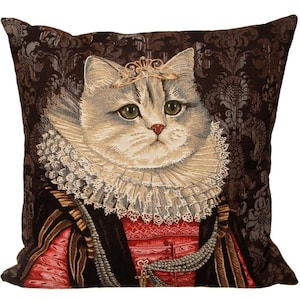 Cat lovers Regal Elizabethan Cat with Ruff and Tiara Belgium BELGIAN Jacquard WOVEN Hand Finished 46cm, 18&quot; Tapestry Pillow Cushion Cover