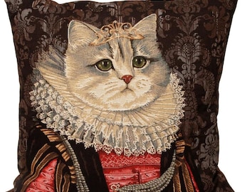Cat lovers Regal Elizabethan Cat with Ruff and Tiara Belgium BELGIAN Jacquard WOVEN Hand Finished 46cm, 18" Tapestry Pillow Cushion Cover