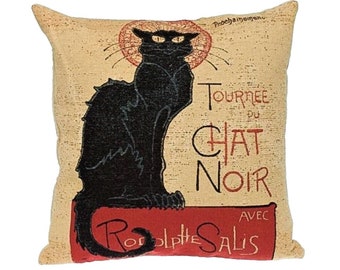 Chat Noir Black Cat Poster as a BELGIAN Belgium Jacquard WOVEN Hand Finished Tapestry Pillow Cushion Cover, 46cm x 46cm 18" x 18"