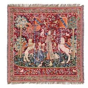 BELGIAN Jacquard Woven 150cm x 150cm Cluny Lady with the Unicorn &quot;The Taste&quot; TAPESTRY Table Throw Bed Spread Occasional Cover with Tassels