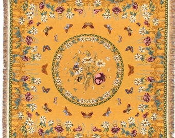 BELGIAN Jacquard Woven 150cm x 150cm Butterflies & Flowers Papillons et Fleurs TAPESTRY Table Throw Bed Spread Occasional Cover with Tassels