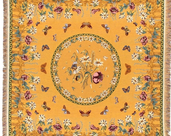 BELGIAN Jacquard Woven 150cm x 150cm Butterflies & Flowers Papillons et Fleurs TAPESTRY Table Throw Bed Spread Occasional Cover with Tassels