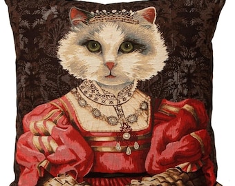 Cat lovers Regal Cat in Red Dress Diamond Necklace Tiara Belgium BELGIAN Jacquard WOVEN Hand Finished 46cm 18" Tapestry Pillow Cushion Cover