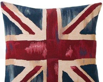 Antique UNION JACK Flag UK United Kingdom, Belgian Jacquard Woven Hand Finished Tapestry Pillow Cushion Cover, 18" x 18", 46cm x 46cm