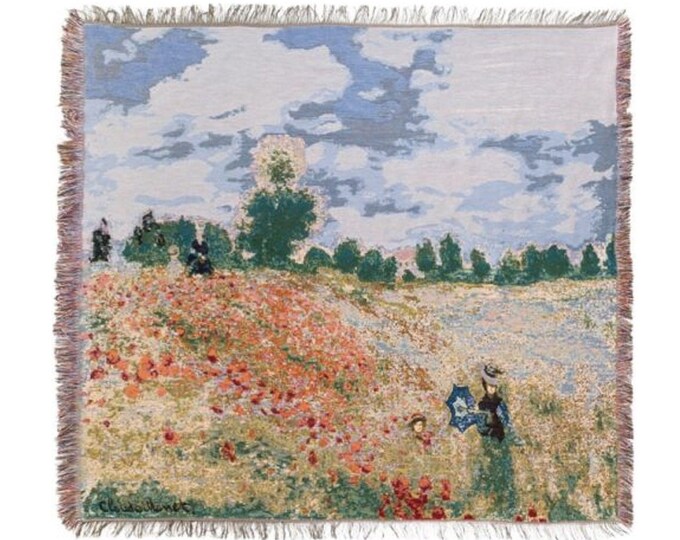 BELGIAN Jacquard Woven 150cm x 150cm MONET Field of Poppies Coquelicots TAPESTRY Table Chair Sofa Throw Bed Spread Occasional Cover