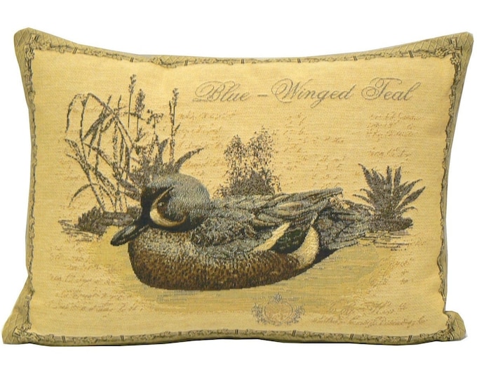 Blue Winged Teal Duck BELGIAN Jacquard WOVEN Hand Finished 46cm x 33cm 18" x 13" Tapestry Pillow Cushion Cover with zip, beige velvet backed