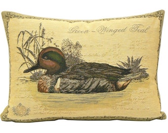 Green Winged Teal Duck BELGIAN Jacquard WOVEN Hand Finished 46cm x 33cm 18" x 13" Tapestry Pillow Cushion Cover with zip, beige velvet back