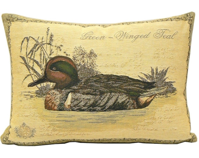 Green Winged Teal Duck BELGIAN Jacquard WOVEN Hand Finished 46cm x 33cm 18" x 13" Tapestry Pillow Cushion Cover with zip, beige velvet back