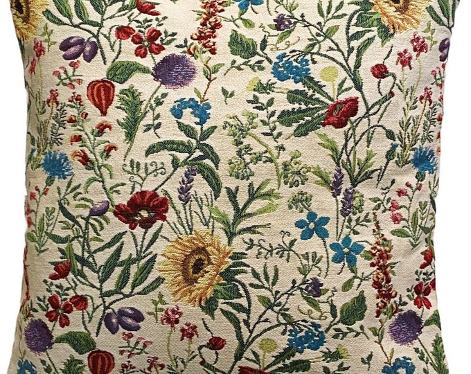 Fleurs des Champs Country Flowers BELGIAN Belgium Jacquard WOVEN Hand Finished Tapestry Pillow Cushion Cover, 46cm x 46cm, 18" x 18"