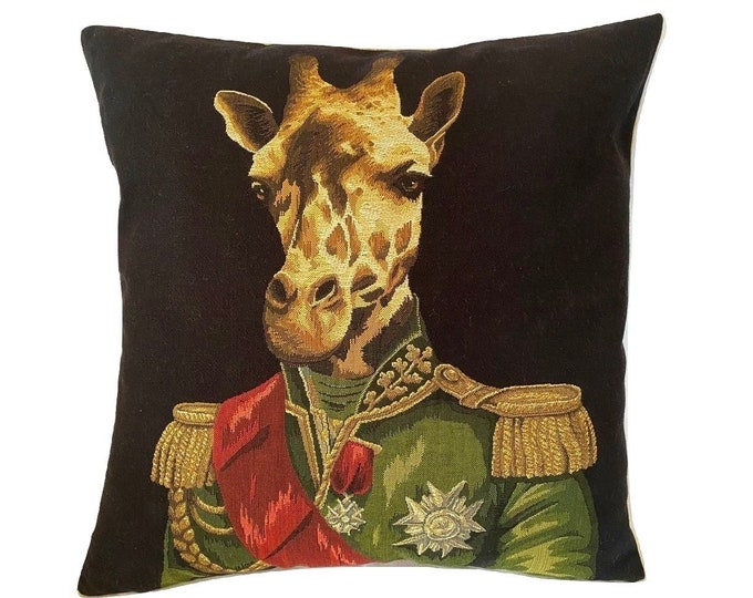Aristocratic Military Safari Giraffe Animal BELGIAN Belgium Jacquard WOVEN Hand Finished 46cm 18" Tapestry Pillow Cushion Cover, Plain Back