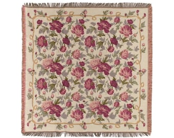 BELGIAN Jacquard Woven 150cm x 150cm LAURA Roses TAPESTRY Table Throw Bed Spread Occasional Cover with Tassels
