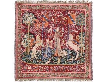 BELGIAN Jacquard Woven 150cm x 150cm Cluny Lady with the Unicorn "The Taste" TAPESTRY Table Throw Bed Spread Occasional Cover with Tassels