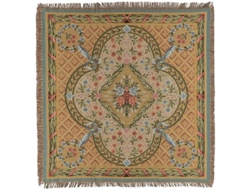 BELGIAN Jacquard Woven 150cm x 150cm Savonnerie TAPESTRY Table Throw Bed Spread Occasional Cover with Tassels