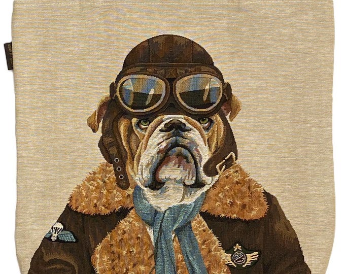 Aviator Bulldog Dog Jacquard Woven BELGIAN TAPESTRY LARGE Shopping Tote Bag, 44cm x 44cm, 17.5" x 17.5"