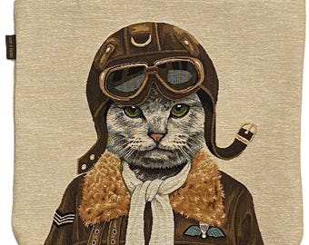 Aviator Cat Jacquard Woven BELGIAN TAPESTRY LARGE Shopping Tote Bag, 44cm x 44cm, 17.5" x 17.5"