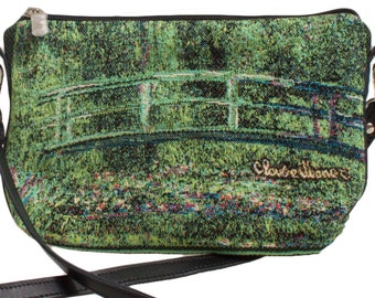 Art lovers BELGIAN TAPESTRY Hand Finished Monet Pont Giverny Bridge Lined Clutch Evening Bag 23CM X 16CM, detachable leather shoulder strap