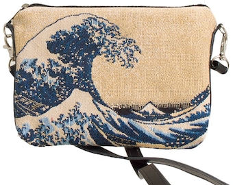 Art lovers BELGIAN TAPESTRY Hand Finished HOKUSAI Great Wave Fully Lined Clutch / Evening Bag 23CM X 16CM, detachable leather shoulder strap