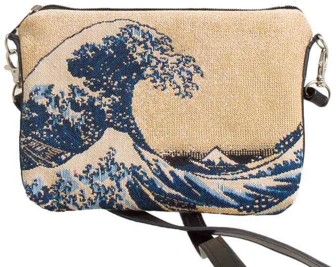 Art lovers BELGIAN TAPESTRY Hand Finished HOKUSAI Great Wave Fully Lined Clutch / Evening Bag 23CM X 16CM, detachable leather shoulder strap