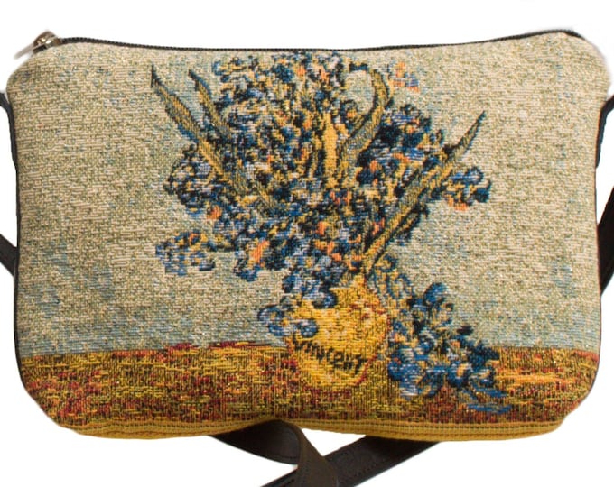 Art lovers BELGIAN TAPESTRY Hand Finished Van GOGH Vase of Irises Lined Clutch / Evening Bag 23CM X 16CM, detachable leather shoulder strap