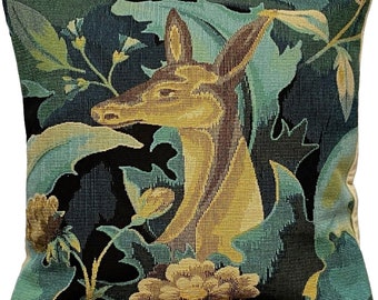 BELGIAN WOVEN Hand Finished 47cm x 47cm 18" x 18" Heavy Duty Tapestry Cushion Pillow Cover, Deer With Flowers in Forest, Beige Velvet Back