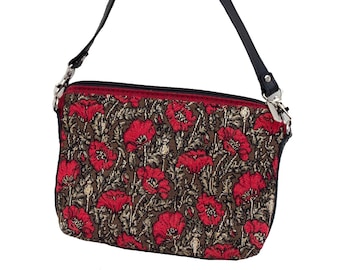 Small Poppies on Brown & Silver Lurex Background Belgian TAPESTRY Lined Clutch / Evening Bag 23cm X 16cm, detachable leather shoulder strap