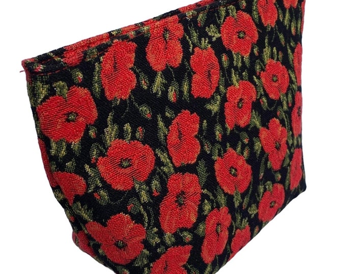 Red Poppies, Hand Finished BELGIAN TAPESTRY Tiffany Clutch Trousse Purse Pouch Toiletry Cosmetics Bag 23cm x 15cm x 8cm, lined, with zip