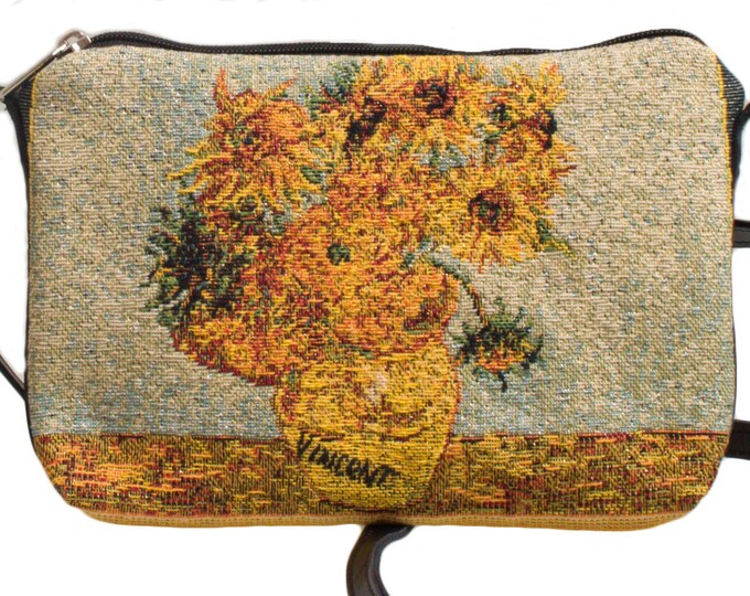 Art lovers BELGIAN TAPESTRY Hand Finished Van GOGH Sunflowers Lined Clutch / Evening Bag 23CM X 16CM, detachable leather shoulder strap