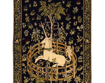 Cluny UNICORN in CAPTIVITY 38" x 27" / 97cm x  69cm BELGIAN Belgium jacquard woven tapestry wall hanging, fully lined with rod sleeve