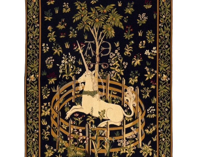 Cluny UNICORN in CAPTIVITY 38" x 27" / 97cm x  69cm BELGIAN Belgium jacquard woven tapestry wall hanging, fully lined with rod sleeve