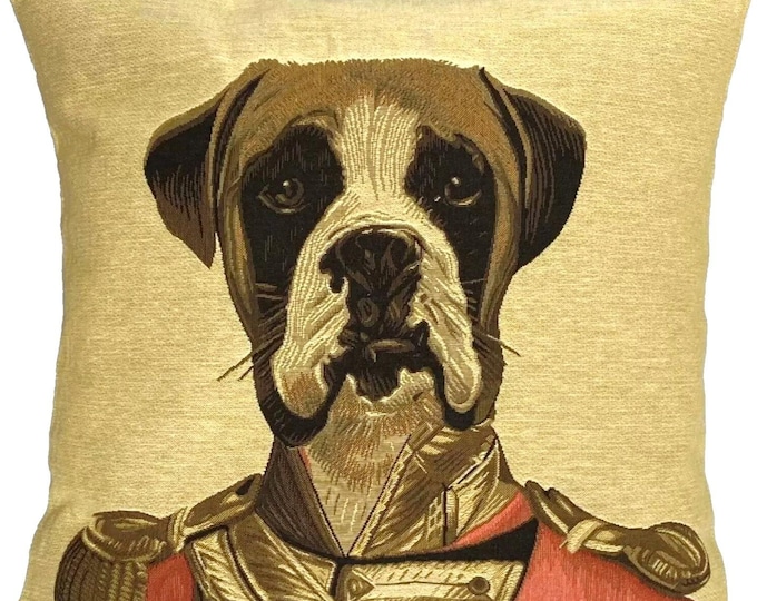 Military Boxer Aristodog by Thierry Poncelet, BELGIAN Jacquard WOVEN Hand Finished Tapestry Pillow Cushion Cover, Zip, 46cm x 46cm 18" x 18"